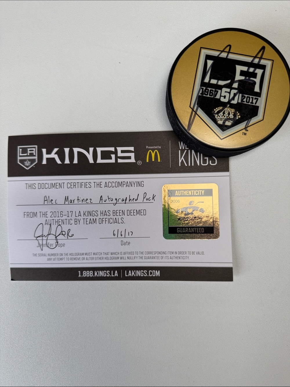 LA Kings 50th Anniversary Alec Martinez Autographed Hockey Puck
